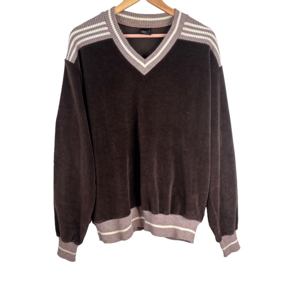 VTG 70s Campus Velour Sweater XL USA Made Chocolate Brown Stripe Retro Grandpa
